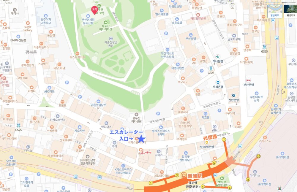 釜山ナンポ駅南浦駅から龍頭山公園への地図